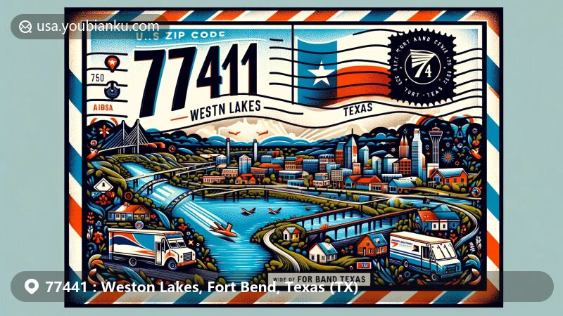 Modern illustration of Weston Lakes, Fort Bend, Texas, showcasing airmail envelope with ZIP code 77441, featuring state flag, local landmarks, and postal elements.