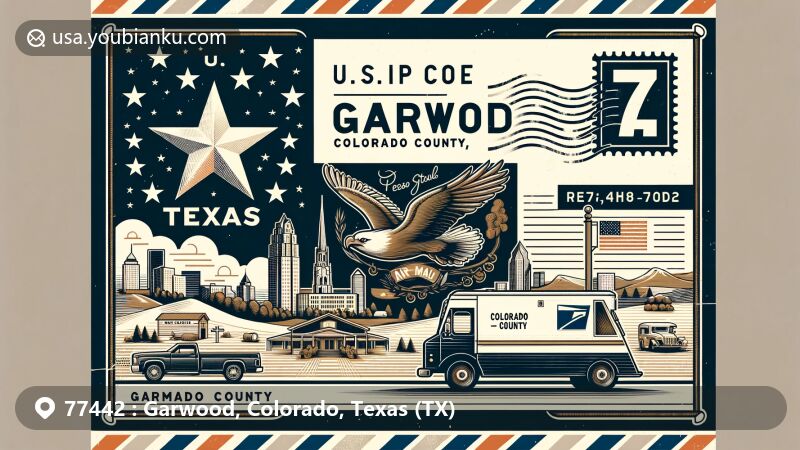 Modern illustration of Garwood, Colorado County, Texas, postal theme with ZIP code 77442, showcasing Texas state flag and local landmarks.