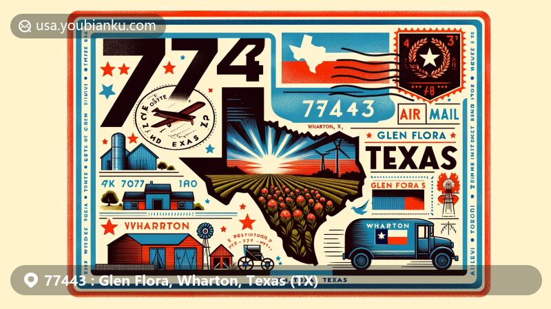 Vintage illustration of Glen Flora, Wharton, Texas, featuring air mail envelope with ZIP code 77443, Texas state flag, state silhouette, local agriculture, and small-town ambiance.