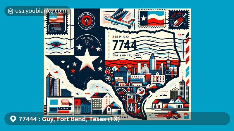 Modern illustration of Guy, Fort Bend County, Texas, featuring air mail envelope design with state flag, Fort Bend County outline, local landmark, postal elements, and ZIP code 77444.