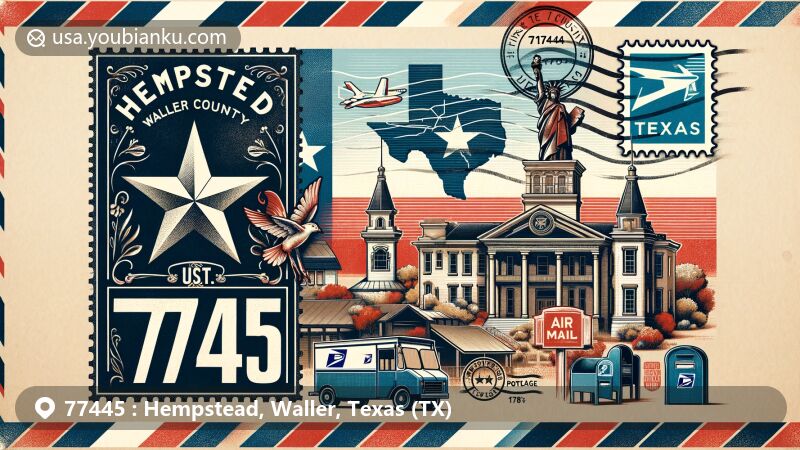 Modern illustration of Hempstead, Waller County, Texas, resembling an air mail envelope with elements like Texas state flag, Waller County outline, and iconic landmark, featuring vintage postage stamp, postal cancellation mark, mailbox, and postal van.