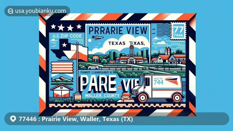 Contemporary illustration of Prairie View, Waller County, Texas, with Texas state flag, Waller County outline, and postal elements like postage stamp, postmark, ZIP Code 77446, mailbox, and postal van.