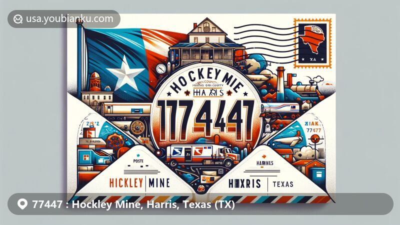Modern illustration of Hockley Mine, Harris County, Texas, showcasing postal theme with ZIP code 77447, featuring Texas state flag, Harris County outline, and iconic landmarks. Includes postal elements like stamp, postmark, mailbox, and mail truck.