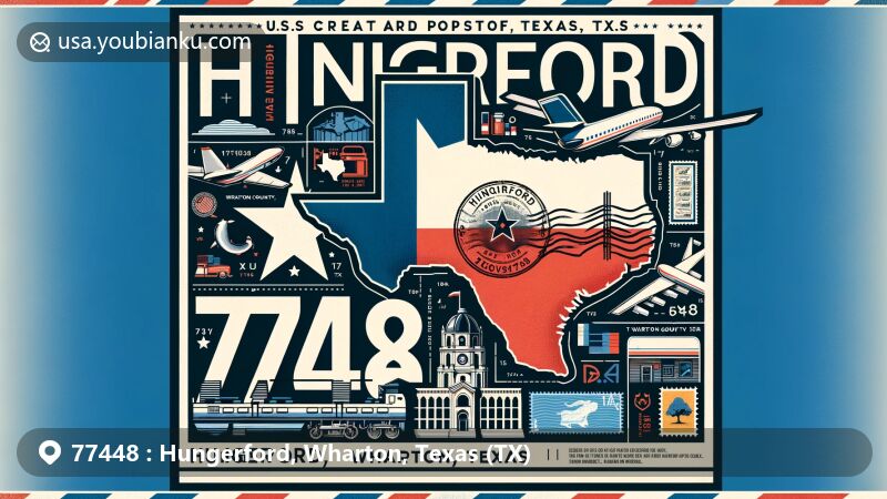 Contemporary illustration of Hungerford, Wharton County, Texas, with Texas state flag and iconic symbols, showcasing ZIP code 77448, designed as a postcard or airmail envelope.