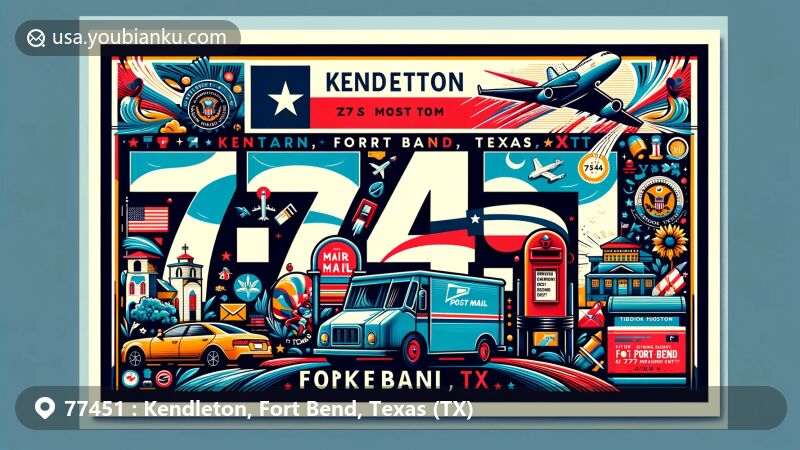 Creative illustration of Kendleton, Fort Bend, Texas (TX), inspired by U.S. ZIP Code 77451, featuring a postal theme with bold '77451' display, postbox, mail truck, Texas state flag, and local landmarks.