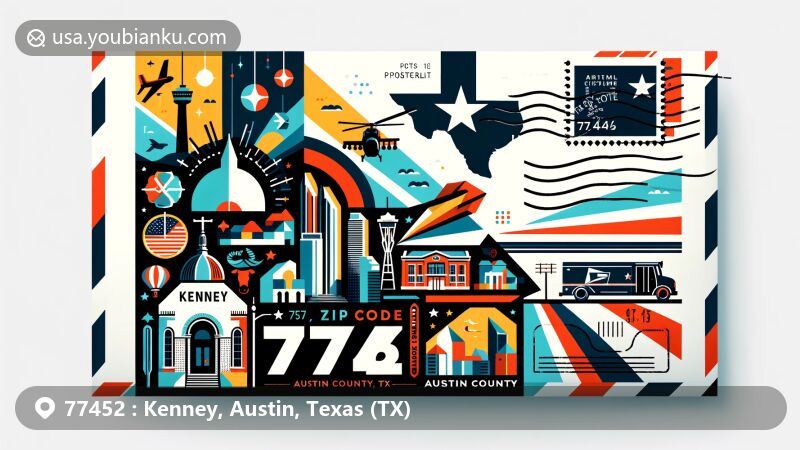Creative illustration of Kenney, Austin County, Texas, in a postcard style with ZIP code 77452, showcasing Texas state flag, county outline, and local symbols.