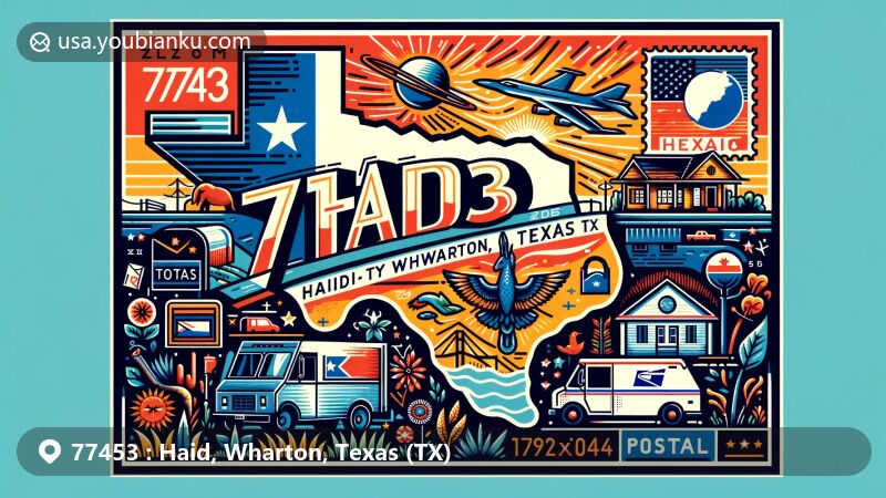 Modern illustration of ZIP code 77453, showcasing Texas state flag and outline, Wharton landmark, and Haid cultural elements, with postal themes like stamp, postmark, ZIP code 77453, mailbox, and postal vehicle.