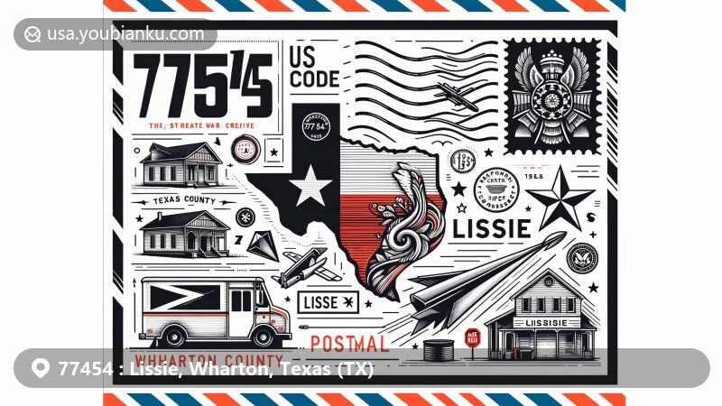 Contemporary depiction of Lissie, Wharton County, Texas, in the style of an air mail envelope, showcasing key regional and postal elements with the Texas state flag, Wharton County outline, and '77454 ZIP Code.'