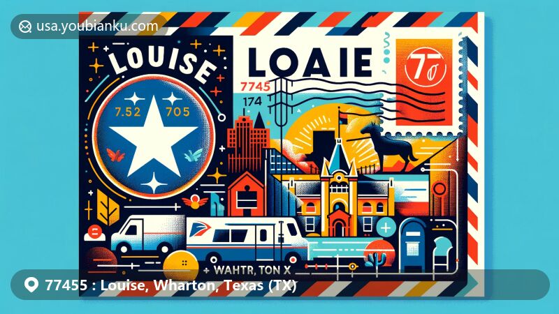 Creative representation of Louise, Wharton, Texas, capturing postal theme with Texas flag, Wharton County silhouette, and local landmark. Includes elements like postage stamp, postmark, ZIP code 77455, mailbox, and postal van.
