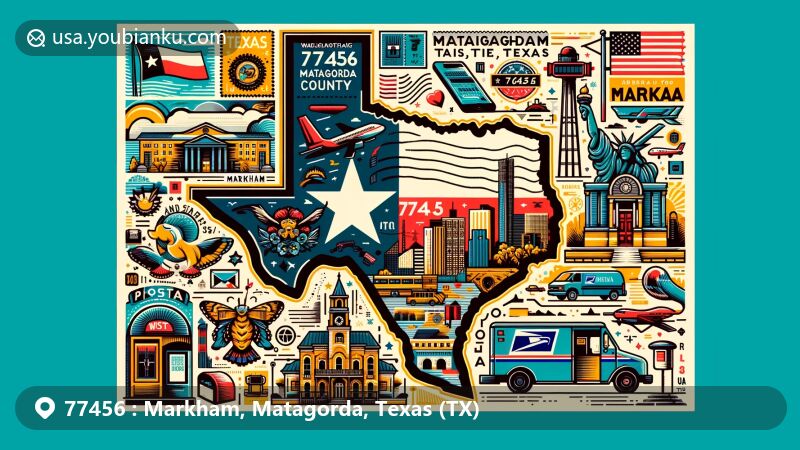 Modern illustration of Markham, Matagorda, Texas, featuring Texas state flag, Matagorda County outline, and local landmarks, blended with postal elements like postage stamp, postmark, ZIP Code 77456, mailbox, and postal van.