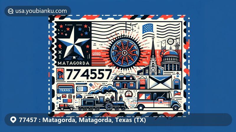 Modern illustration of Matagorda, Matagorda County, Texas, showcasing postal theme with ZIP code 77457, featuring Texas state flag, Matagorda County outline, and iconic landmarks of the city.