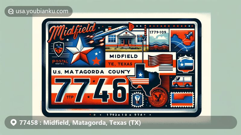 Contemporary illustration of Midfield, Matagorda County, Texas, featuring ZIP Code 77458 in a postcard design with stamps and postmarks, highlighting Texas state flag and local landmark. Ideal for web display.