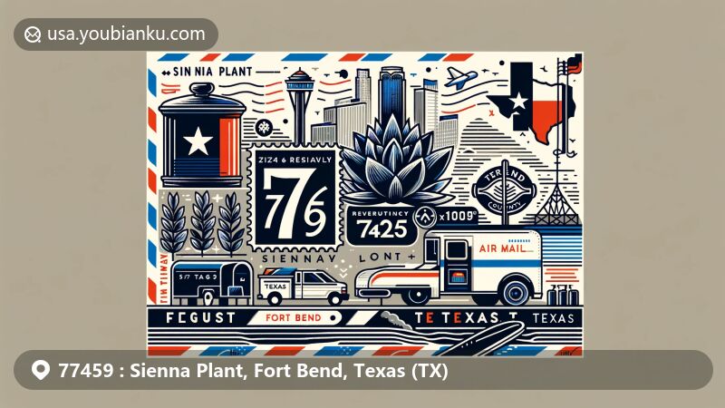 Modern illustration of Sienna Plant and Fort Bend County, Texas, inspired by postal theme with ZIP code 77459, incorporating postage stamp, postmark, mailbox, and Texas state flag.