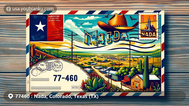 Contemporary illustration of Nada, Colorado County, Texas, representing ZIP code 77460, with modern style and iconic Texan scenery, combining postal elements and cultural symbols like a cowboy hat or the Texas flag.