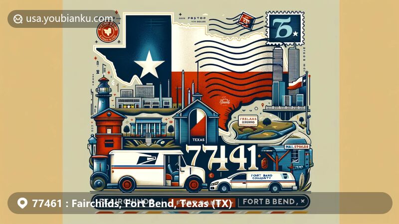 Modern illustration of Fairchilds, Fort Bend, Texas, showcasing postal theme with ZIP code 77461, featuring vintage postcard design with stamp, postmark, mailbox, and mail truck, complemented by Texas state flag and Fort Bend County outline.