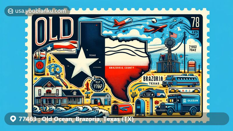Modern illustration of Old Ocean, Brazoria County, Texas, inspired by ZIP Code 77463, showcasing Texas state flag, Brazoria County outline, local landmark, and postal theme with stamp, postmark, mailbox, and postal vehicle.