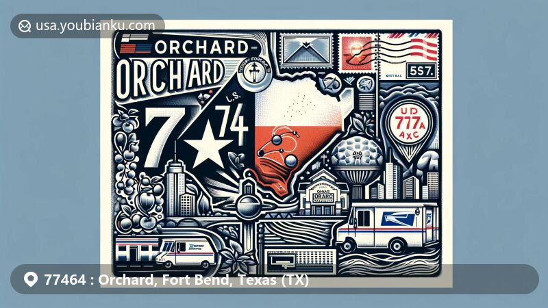 Modern illustration of Orchard, Fort Bend, Texas (TX), showcasing postal theme with ZIP code 77464, featuring Texas state flag, Fort Bend County outline, Orchard landmarks, and postal elements like stamp, postmark, mailbox, and postal van.