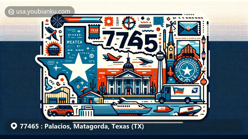 Modern illustration of Palacios, Matagorda County, Texas, showcasing postal theme with ZIP code 77465, featuring Texas state flag, Matagorda County map, and unique local elements.