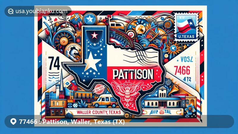 Modern illustration of Pattison, Waller, Texas, inspired by ZIP code 77466, showcasing Texas state flag, Waller County outline, and cultural symbols in air mail envelope design.