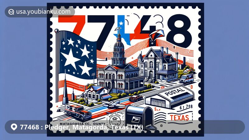 Modern illustration of Pledger, Matagorda County, Texas, adopting postcard or airmail envelope format, showcasing notable building or landmark and Texas state flag, with postal elements like stamp, mailbox, and postal vehicle.