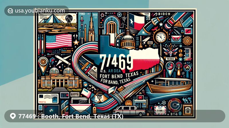 Creative artwork representing Booth, Fort Bend County, Texas, showcasing Texas state flag, regional map, and cultural symbols, with postal theme including postcard, airmail envelope, ZIP Code 77469, and postal elements.