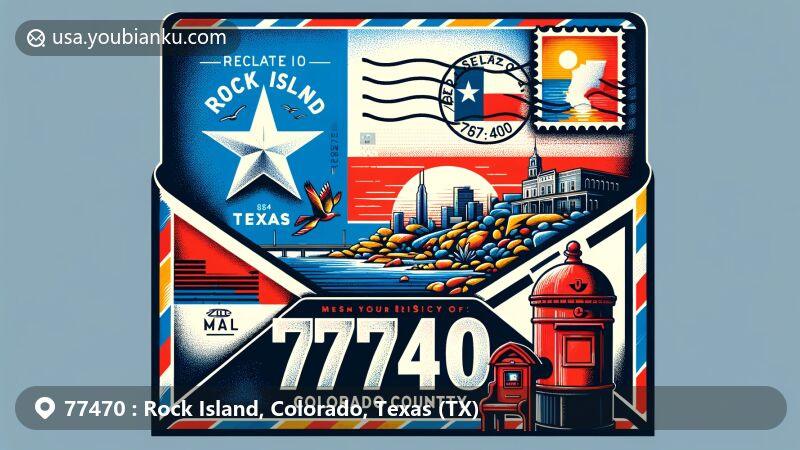 Modern illustration of Rock Island, Colorado County, Texas, featuring airmail envelope design with vibrant Texas state flag and county outline, showcasing landscape or landmark, vintage postage stamp with ZIP code 77470, postal cancellation mark, and classic red mailbox.