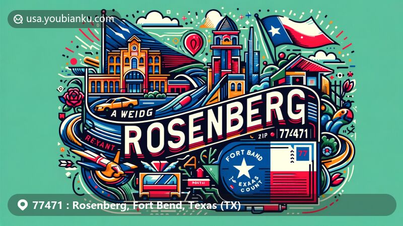 Modern illustration of Rosenberg, Fort Bend, Texas (TX), with postal theme: ZIP code 77471, showcasing airmail envelope design with postal stamp, postmark, Texas state flag, Fort Bend County outline, and iconic Texan landscape.
