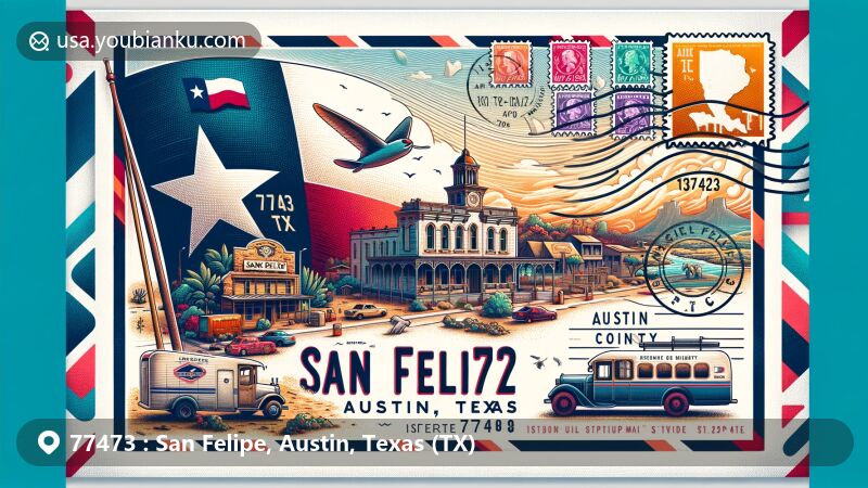 Modern illustration of San Felipe, Austin, Texas, portraying a vintage air mail envelope design with Texas state flag, iconic Austin landmark, and postal details for ZIP code 77473.