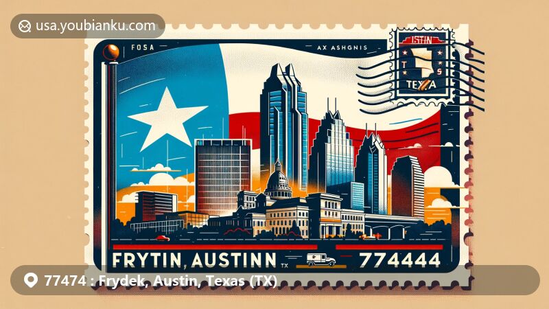 Illustration of Frydek, Austin, Texas, ZIP code 77474, featuring Texas flag, Austin skyline with Frost Bank Tower, and local cultural elements, including vintage postal elements like postage stamp and postmark.