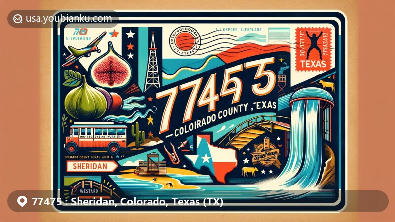 Modern illustration of ZIP code 77475 in Sheridan, Colorado County, Texas, featuring vintage airmail envelope design with local landmarks like Splashway Waterpark and Lake Sheridan, as well as symbols of agriculture and oil industry.