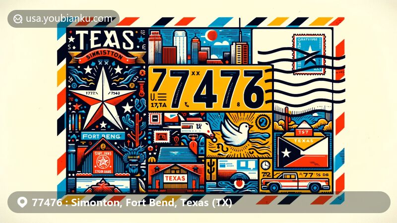 Modern illustration of Simonton, Fort Bend, Texas, showcasing postal theme with ZIP code 77476, featuring Texas state flag and local landmarks.