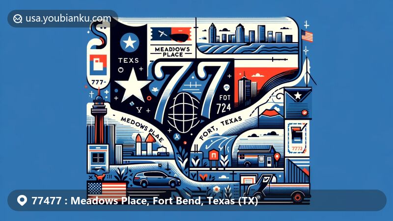 Modern illustration of Meadows Place, Fort Bend, Texas (TX), with Texas state flag, Fort Bend County outline, and local cultural landmarks, blending postal theme with postcard shape, postage stamps, ZIP Code '77477', mailbox, and postal van.