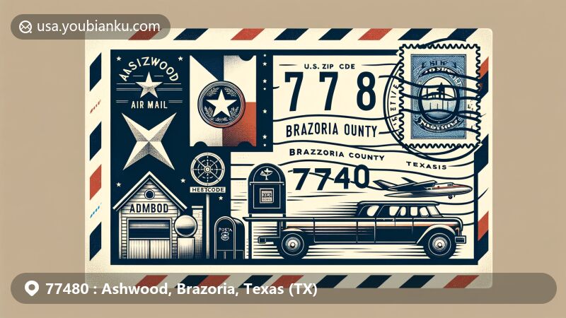 Modern illustration of Ashwood, Brazoria County, Texas, capturing ZIP code 77480 with Texas state flag, stylized Brazoria County outline, and landmark symbol of Ashwood.