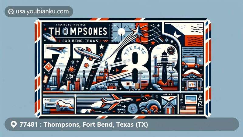 Modern illustration of Thompsons, Fort Bend County, Texas, showcasing postal theme with ZIP code 77481, featuring Texas state flag and local cultural symbols.