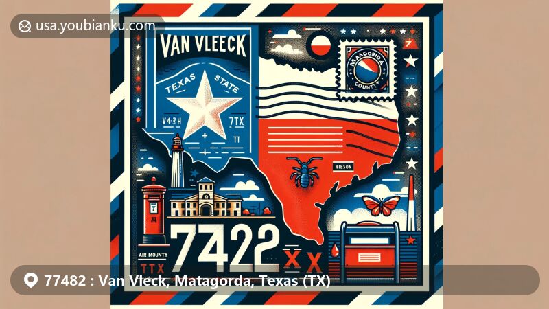 Modern illustration of Van Vleck, Matagorda County, Texas, featuring postal elements with ZIP code 77482, incorporating Texas state flag, Matagorda County map outline, and vintage postage themes.