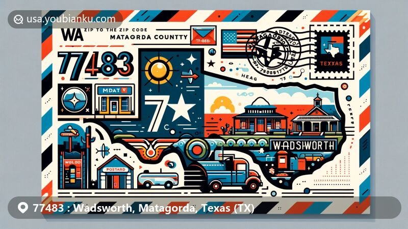 Modern illustration of Wadsworth, Matagorda County, Texas, showcasing postal theme with ZIP code 77483, featuring iconic symbols of the county, including the Texas state flag and postal elements.