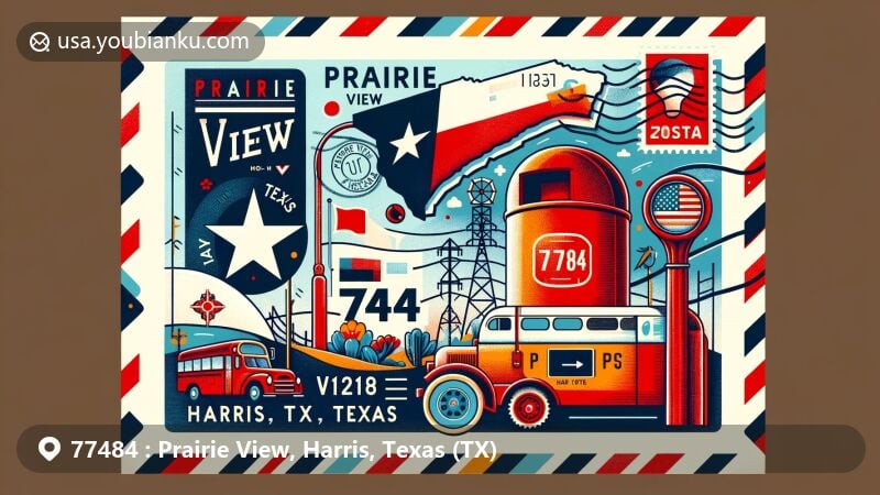 Modern illustration of Prairie View, Harris County, Texas, showcasing postal theme with ZIP code 77484, featuring Texas state flag, Harris County outline, vintage postage stamp, postmark, and red mailbox.
