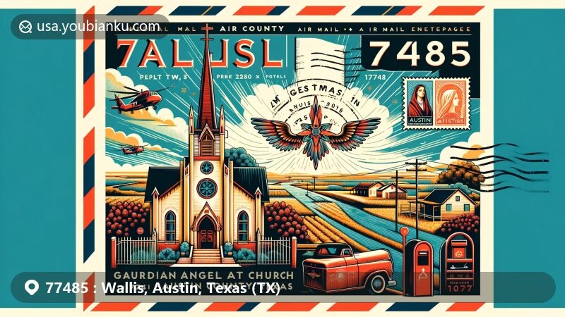 Modern illustration of Wallis, Austin County, Texas, representing ZIP code 77485 with Guardian Angel Catholic Church and postal elements in a vibrant postcard design.