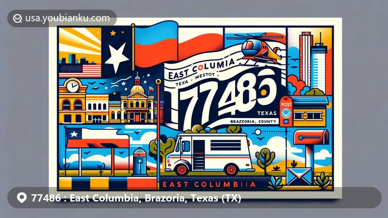 Colorful illustration of East Columbia, Brazoria, Texas, capturing the essence of ZIP code 77486 with Texas state symbols and Brazoria County elements.