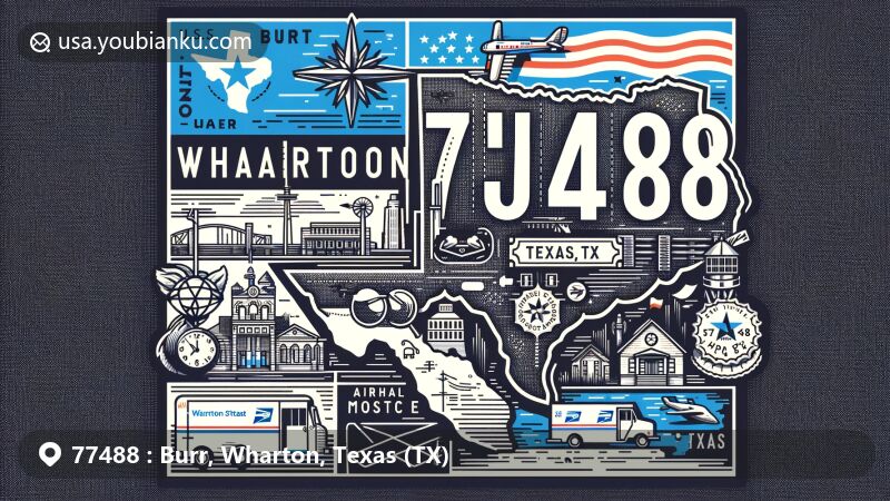 Modern illustration of Burr, Wharton, Texas, showcasing postal theme with ZIP code 77488, featuring Wharton County outline, Texas state flag, and iconic cultural elements.