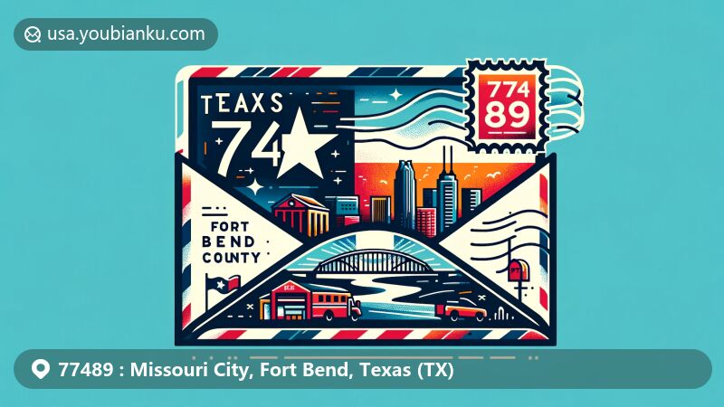 Modern illustration of Missouri City, Fort Bend County, Texas, inspired by ZIP code 77489, showcasing Texas state flag, Fort Bend County silhouette, and iconic city landmark, with postal elements like stamp, mailbox, and mail truck.