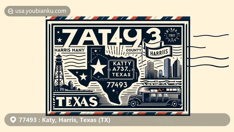Modern illustration of Katy, Harris County, Texas, featuring postal theme with ZIP code 77493, showcasing Texas state flag, Harris County silhouette, and iconic Katy landmarks.