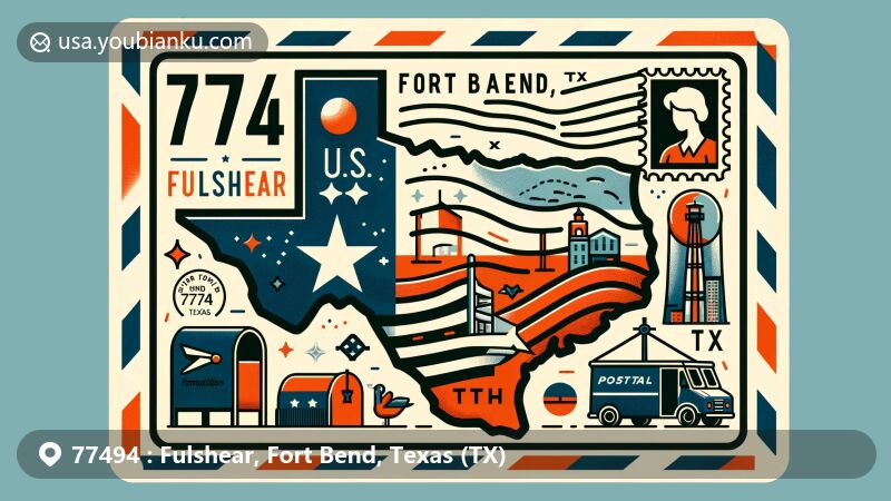 Modern illustration of Fulshear, Fort Bend County, Texas (TX), highlighting postal theme with ZIP code 77494, featuring Texas state flag, Fort Bend County outline, and iconic landmark.