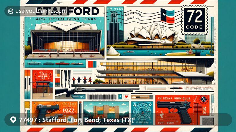 Modern illustration of Stafford, Fort Bend, Texas, featuring Stafford Centre and Texas Gun Club, highlighting the cultural significance and diversity of the community.
