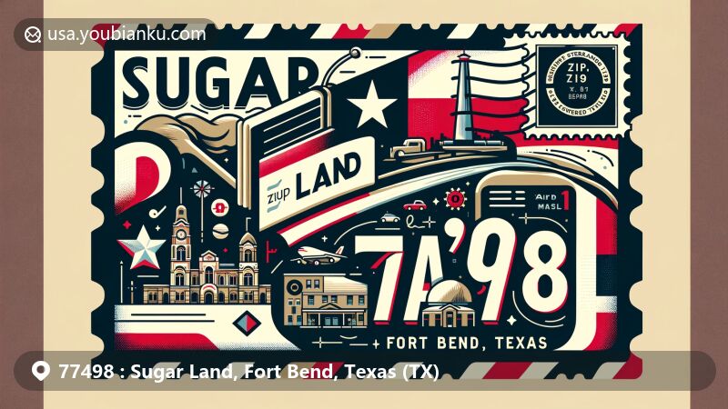 Modern illustration of Sugar Land, Fort Bend, Texas, featuring iconic landmarks like the Sugar Land Town Square and cultural diversity of the area.