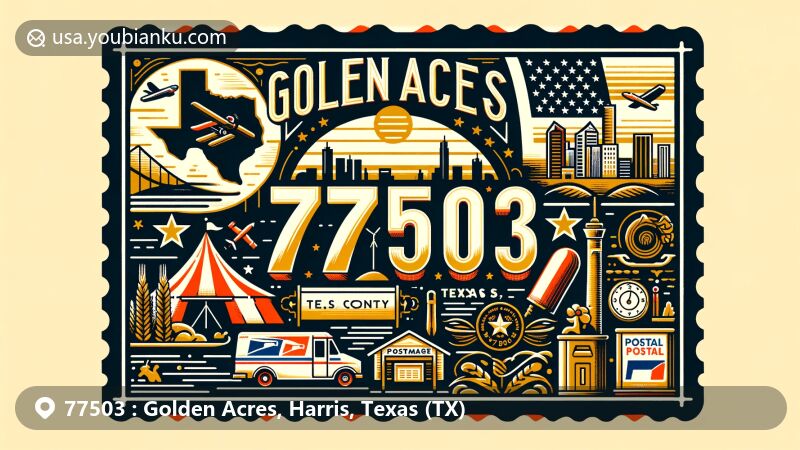 Vibrant illustration representing Golden Acres, Harris County, Texas, with a postal theme including Texas flag, Harris County outline, and local cultural landmark.