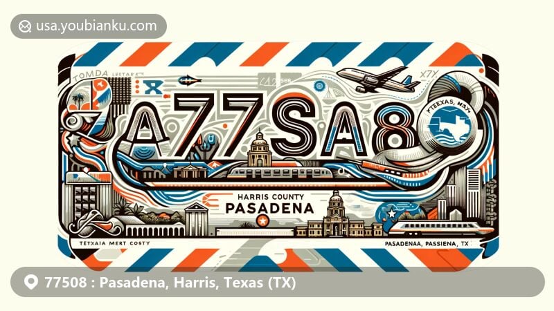 Modern illustration of Pasadena, Harris County, Texas, reflecting ZIP code 77508 in a postal-themed design, incorporating state flag and Harris County outline.