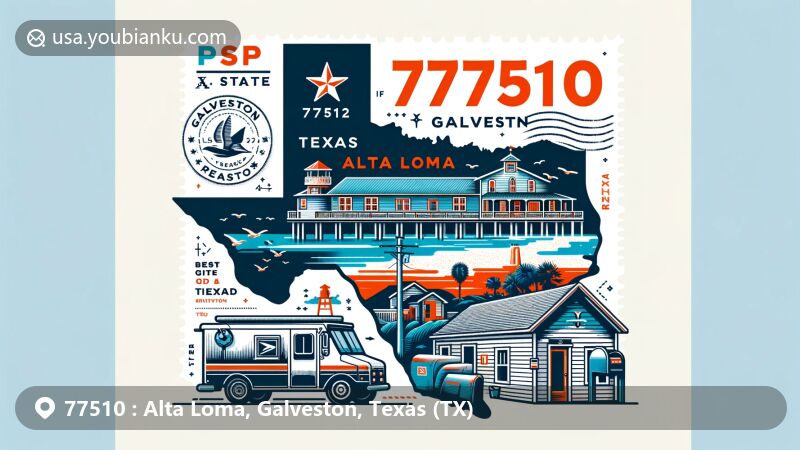 Modern illustration of Alta Loma, Galveston, Texas, showcasing postal theme with ZIP code 77510, featuring Texas state outline and iconic Galveston scenery.