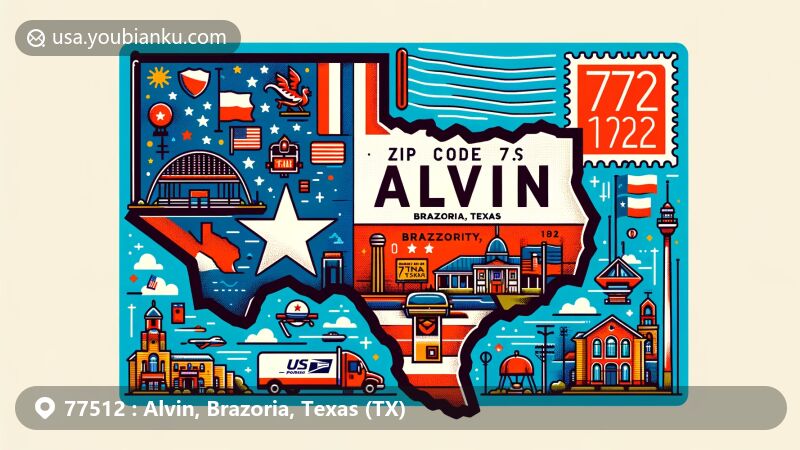 Modern illustration of Alvin, Brazoria County, Texas, highlighting ZIP code 77512, featuring Texas state flag, county outline, and local landmarks in postage-themed design.