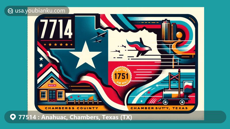 Modern illustration of Anahuac, Chambers County, Texas, showcasing postal theme with ZIP code 77514, featuring Texas state flag and cultural symbol, including vintage postage stamp and postmark.